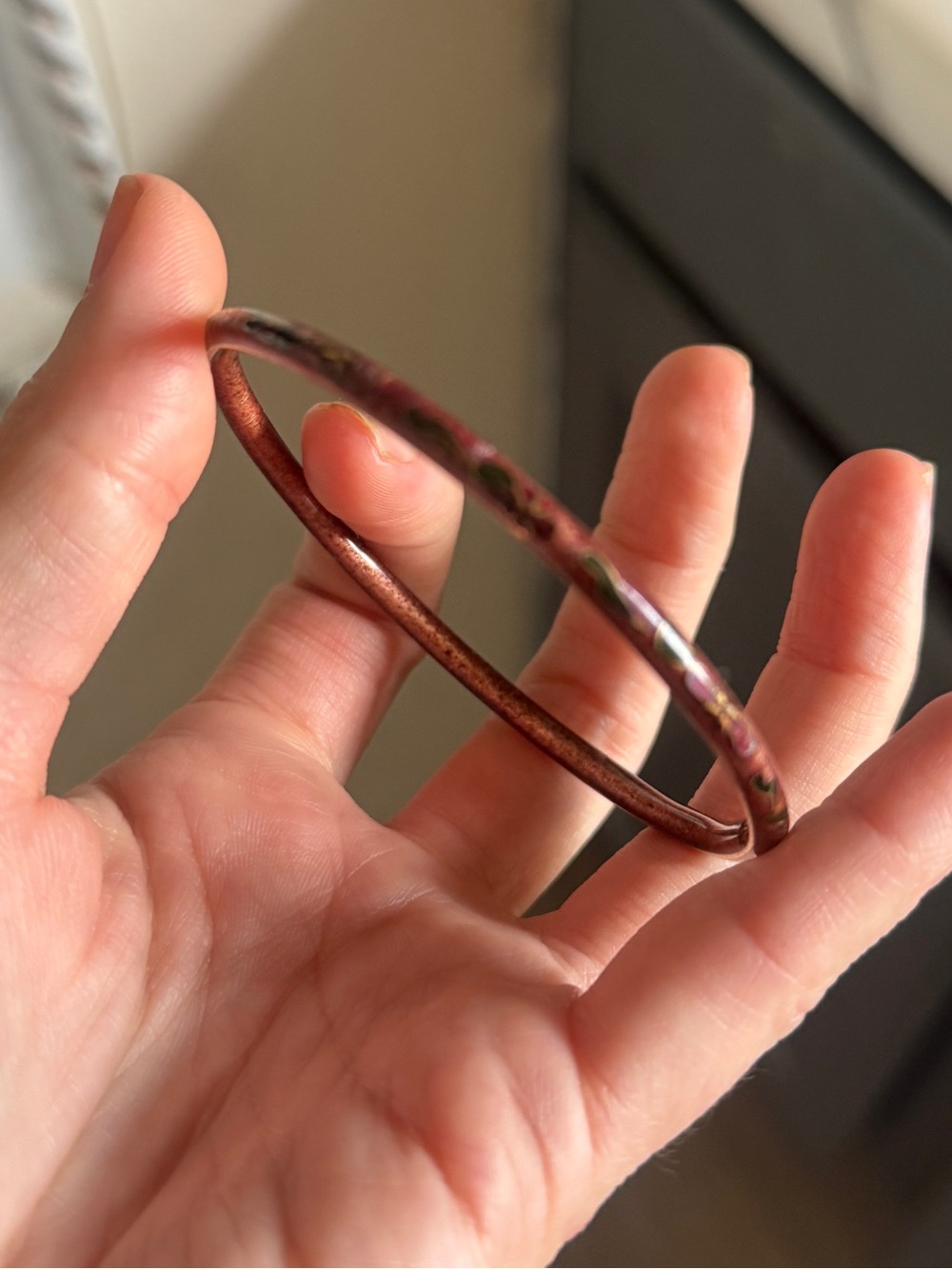 Vintage floral red maroon gold Metallic enamel  Bangle Bracelet